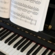 Photo of an upright piano with a score on it.