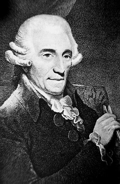 black and white portrait of Haydn in a wig